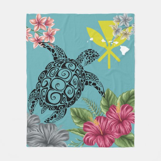 Hawaii Kanaka Schildpad Hibiscus Plumeria Tropisch Fleece Deken (Voorkant)