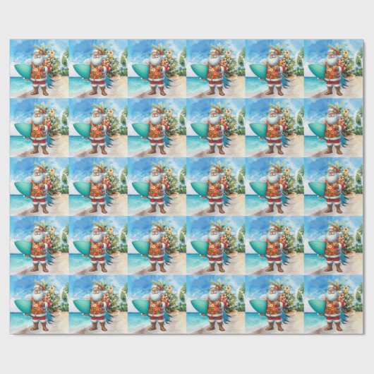 Hawaii Kerstman houdt surfplank Kerstmis Cadeaupapier (Vlak)