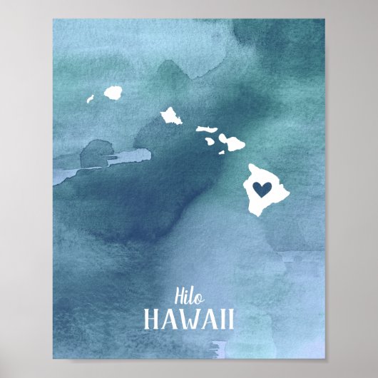 Hawaii Map Blauwe Waterverf Aangepaste Art Print (Voorkant)