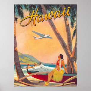 Hawaii, meisje met een romp aan de tropische kust, poster