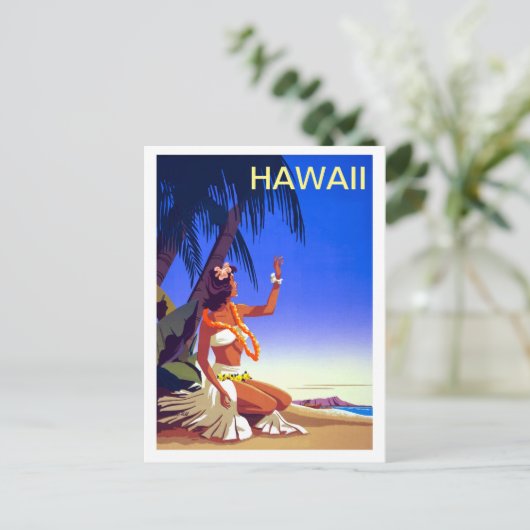 Hawaii, meisje op tropisch eiland, oud reizen briefkaart (Staand voorkant)