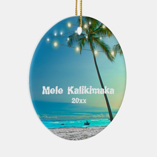 Hawaii Mele Kalikimaka Foto 2 Palms String Lights Keramisch Ornament (Rechts)