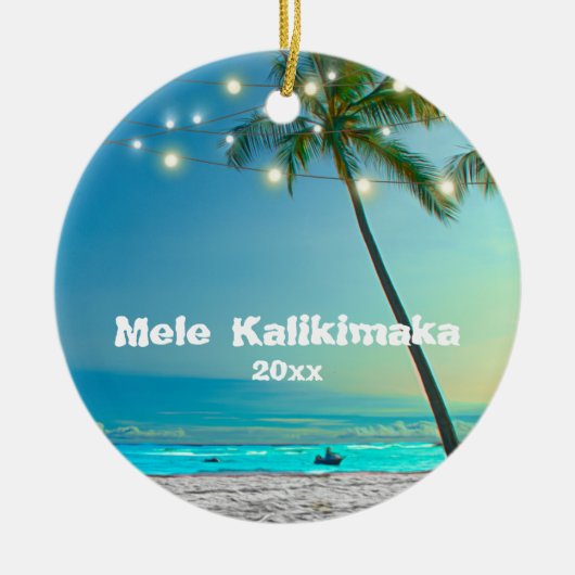 Hawaii Mele Kalikimaka Foto 2 Palms String Lights Keramisch Ornament (Voorkant)