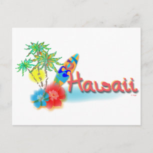 Hawaii met palmen, bloemen en surfboard briefkaart