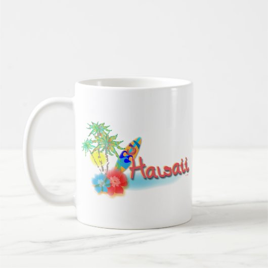 Hawaii met palmen, bloemen en surfboard koffiemok (Links)