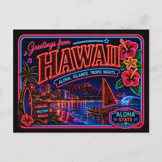 Hawaii Neon Staat Retro Vintage Briefkaart (Voorkant)