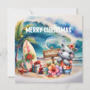 Hawaii-nijlpaard dat Kerstmis viert op het strand Feestdagenkaart
