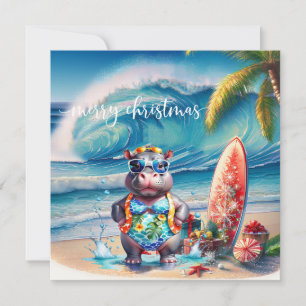 Hawaii-nijlpaard dat Kerstmis viert op het strand Feestdagenkaart