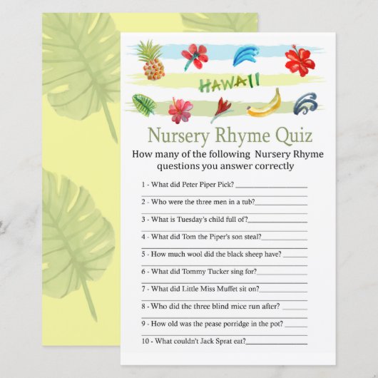 Hawaii Nursery Rhyme Quiz baby shower game (Voorkant / Achterkant)