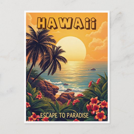  Hawaii Ocean Beach Retro Floral Travel Briefkaart (Voorkant)