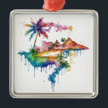 Hawaii ontwerp met kleurrijke splatters metalen ornament<br><div class="desc">Schilderachtig Hawaii ontwerp met kleurrijke splatters in regenboogkleuren met bergen,  palmbomen en golfdecoratie</div>