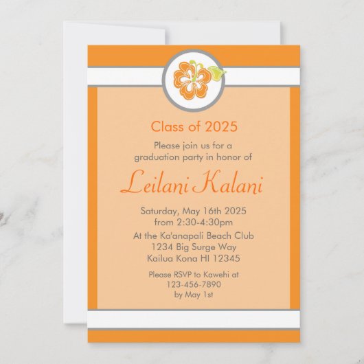 Hawaii oranje thema hibiscus afstuderen uitnodigin kaart (Voorkant)