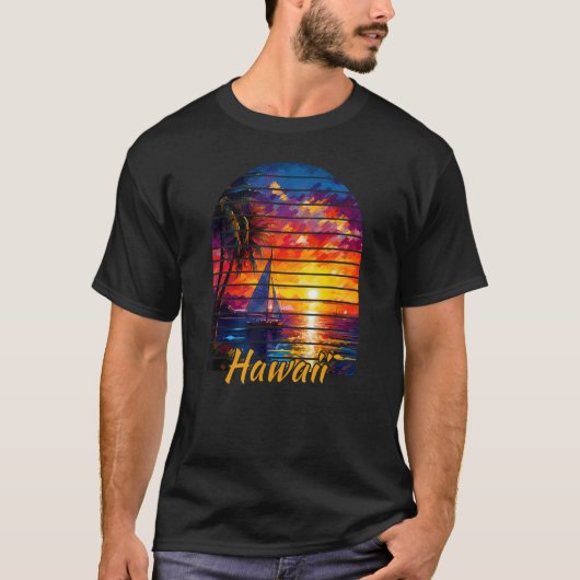  Hawaii Palmboom Zeilen Hawaïaanse Zonsondergang T-shirt (Voorkant)