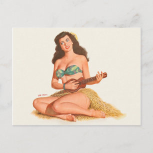Hawaii pin-up meisje speelt kleine gitaar, verf, k briefkaart