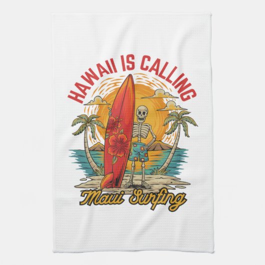 Hawaii roept Maui surfen eiland vibes Theedoek (Verticaal)