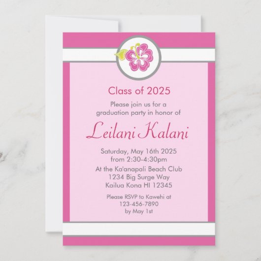 Hawaii roze thema hibiscus afstuderen uitnodiging (Voorkant)
