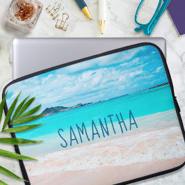 Hawaii Sandy Beach Blue Ocean Custom Name Laptop Sleeve