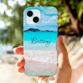 Hawaii Sandy Beach Ocean Blue Gold Confetti Naam iPhone 15 Case