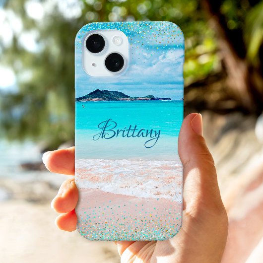 Hawaii Sandy Beach Ocean Blue Gold Confetti Naam Case-Mate iPhone Case