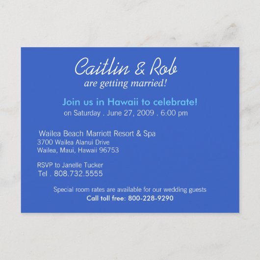 Hawaii Save The Date (hemelsblauw) Aankondigingskaart (Achterkant)