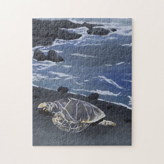 Hawaii Sea Turtle on Black Sand Beach T-Shirt Legpuzzel (Verticaal)