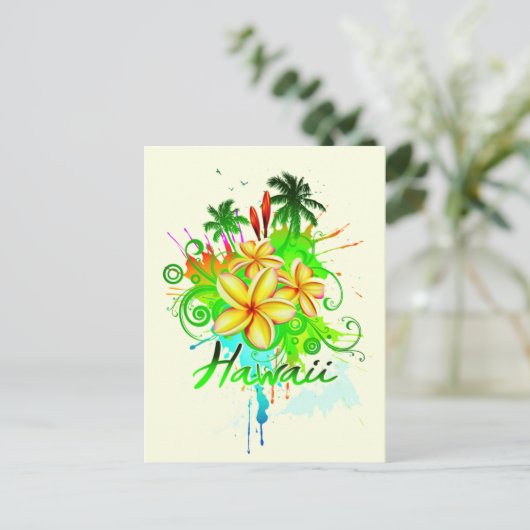 Hawaii Splash Plumeria Flowers Palm Trees Swirls Briefkaart (Staand voorkant)
