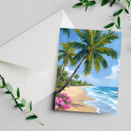 Hawaii Strand Watercolor Oceaan Palmboom Kaart
