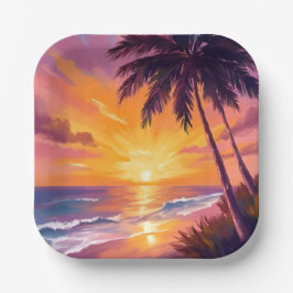 Hawaii Strand Zonsondergang Schilderen Reizen Papieren Bordje