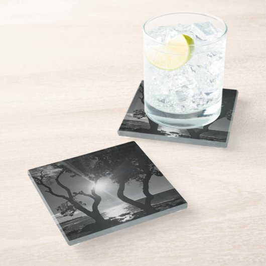 Hawaii Sunlit Trees Ocean Shore Black and White Glazen Onderzetter (Schuin)