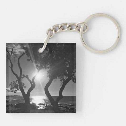 Hawaii Sunlit Trees Ocean Shore Black and White Sleutelhanger (Achterkant)