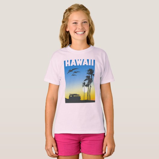 Hawaii Sunset Surf Dinosaurus meisjes' T-shirt (Voorkant volledig)