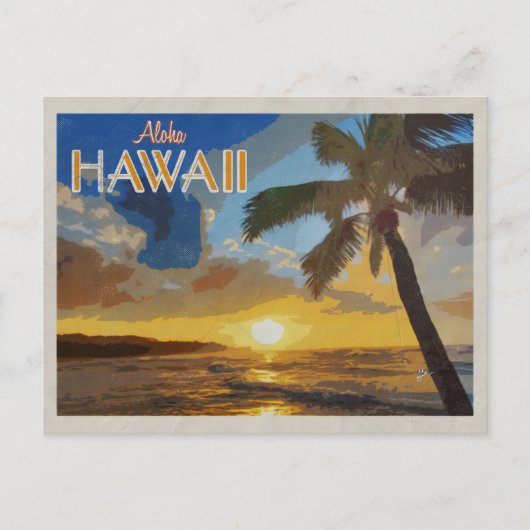 Hawaii Sunset Vintage Travel Poster Palm Trees Briefkaart (Voorkant)
