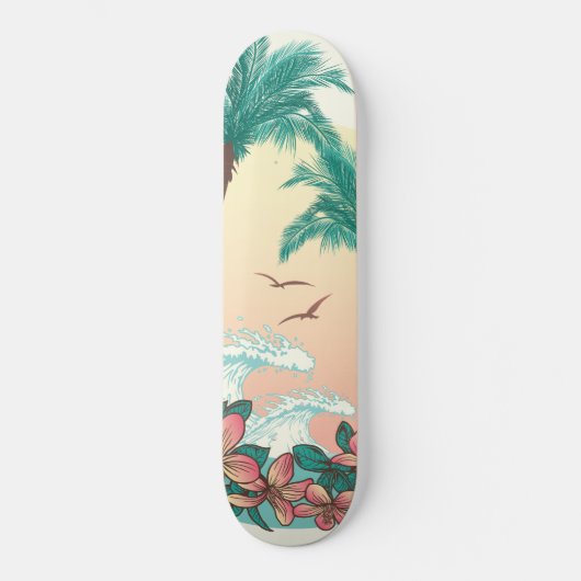 Hawaii Sunset Waves Hibiscus Flowers Palms Birds Persoonlijk Skateboard (Voorkant)