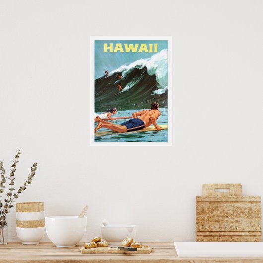 Hawaii, surfen, grote golf, oud poster (Keuken)
