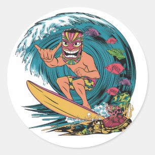 Hawaii surfen kleurrijke badge met man in ronde sticker