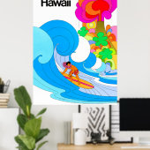 Hawaii, Surfen op grote golven, illustratie zestig Poster (Thuiskantoor)