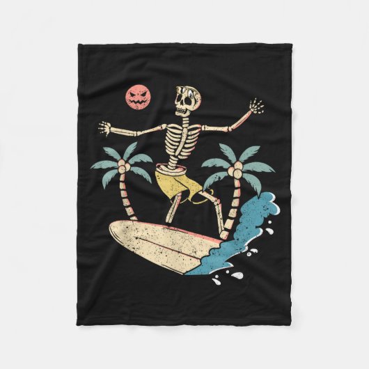 Hawaii Surfer Skeleton Halloween Beach Y Soky Surf Fleece Deken (Voorkant)