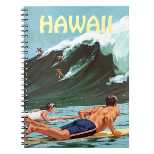 Hawaii, surfers die wachten op een grote golf,  notitieboek