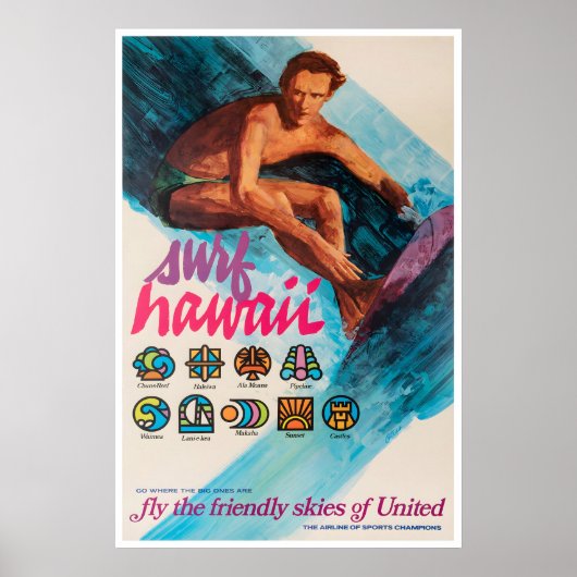 Hawaii Surfing Poster United Airlines Kunst Grote (Voorkant)