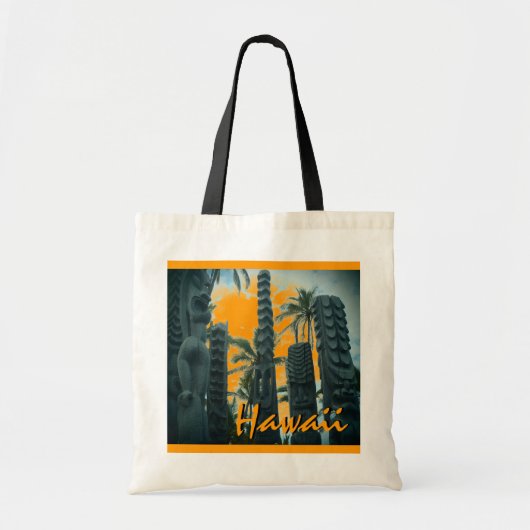 Hawaii tiki beelden sinaasappel herbruikbare tas (Voorkant)