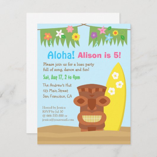 Hawaii Tiki Luau Beach Theme Birthday Party Kaart (Voorkant / Achterkant)