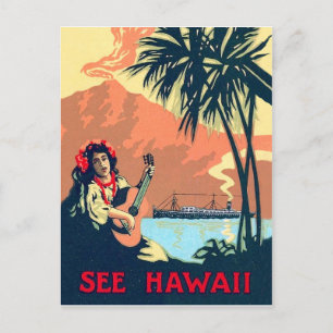 Hawaii tropisch strand, vrouw die gitaar speelt aa briefkaart