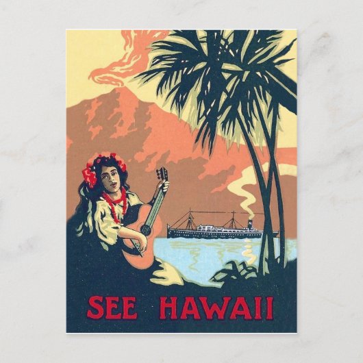 Hawaii tropisch strand, vrouw die gitaar speelt aa briefkaart (Voorkant)