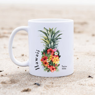 Hawaii Tropische Ananas w / Bloemen, familienaam Koffiemok