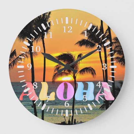 Hawaii Tropische Oceaan Palm Tree Sunset Grote Klok (Voorkant)