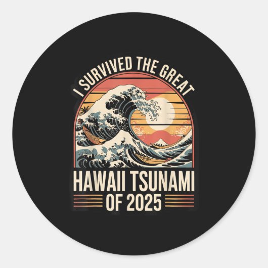 Hawaii Tsunami 2025 Ik overleefde Wave Retro Ronde Sticker (Voorkant)