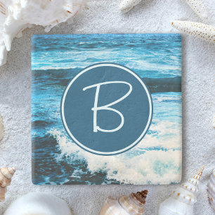 Hawaii Turquoise Blauwe Oceaan Golven Monogram Ini Stenen Onderzetter