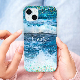 Hawaii turquoise blue oceaangolven girale confetti iPhone 15 mini hoesje