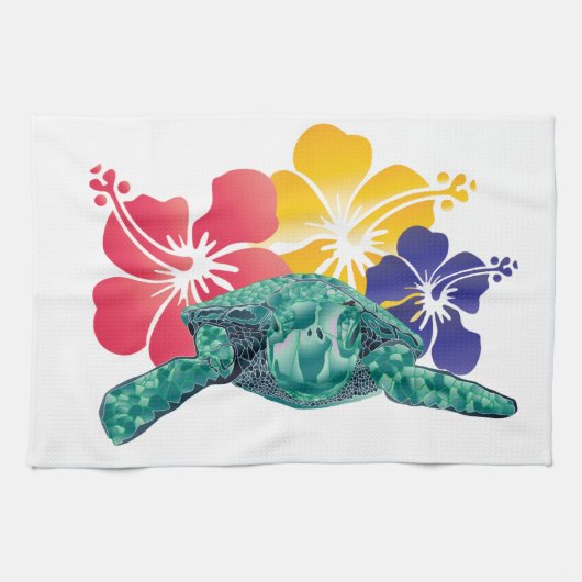 Hawaii Turtle and Hibiscus Flowers Theedoek (Horizontaal)