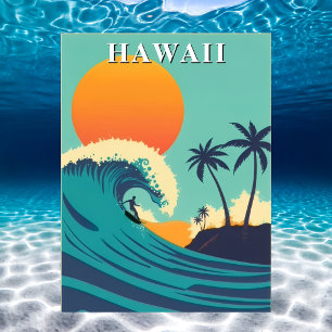 Hawaii Vintage Surfen Zonsondergang & Golven Reize Briefkaart